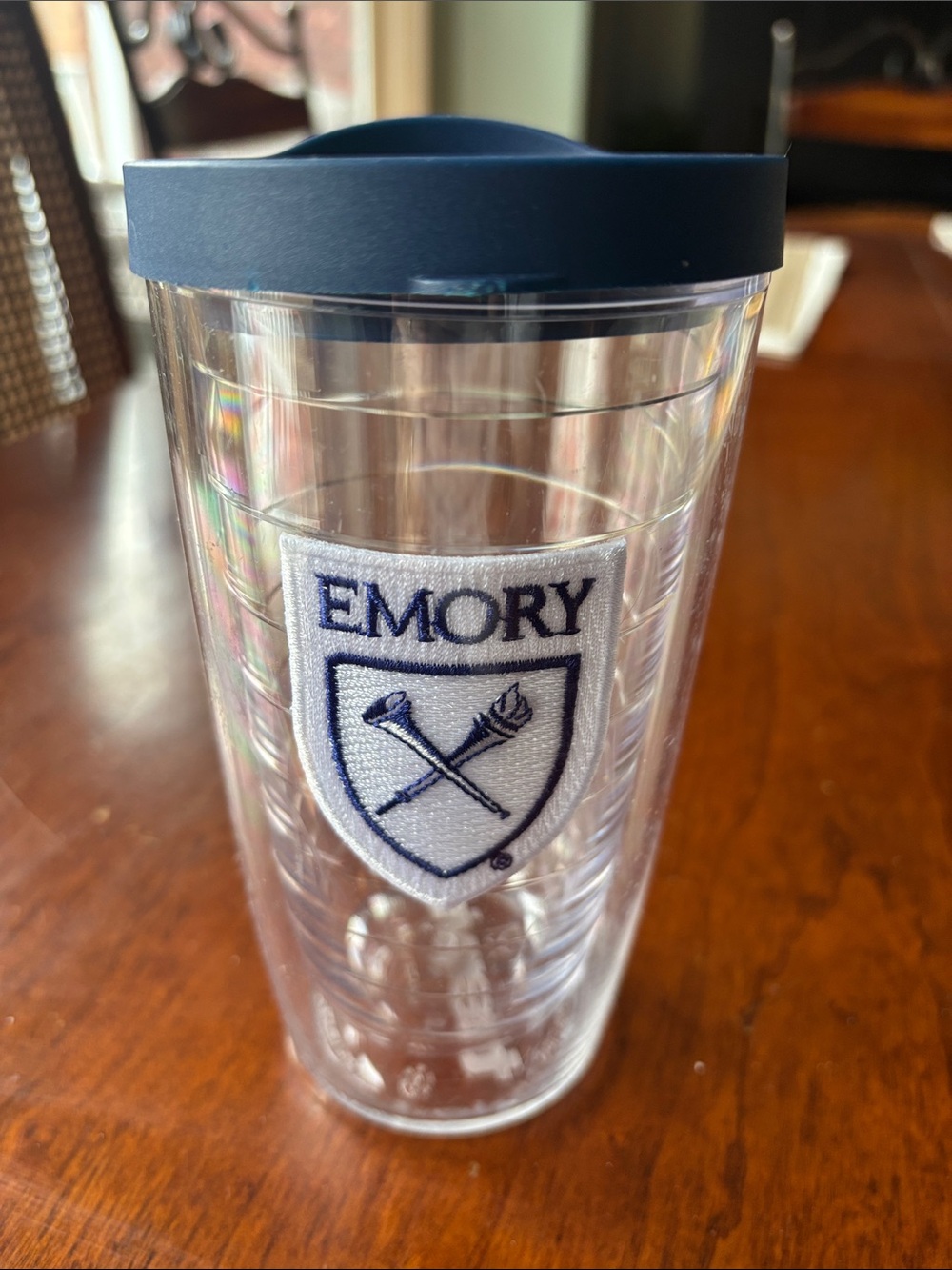 Tervis Clear Tumbler with Dark Blue Lid and Emory Patch